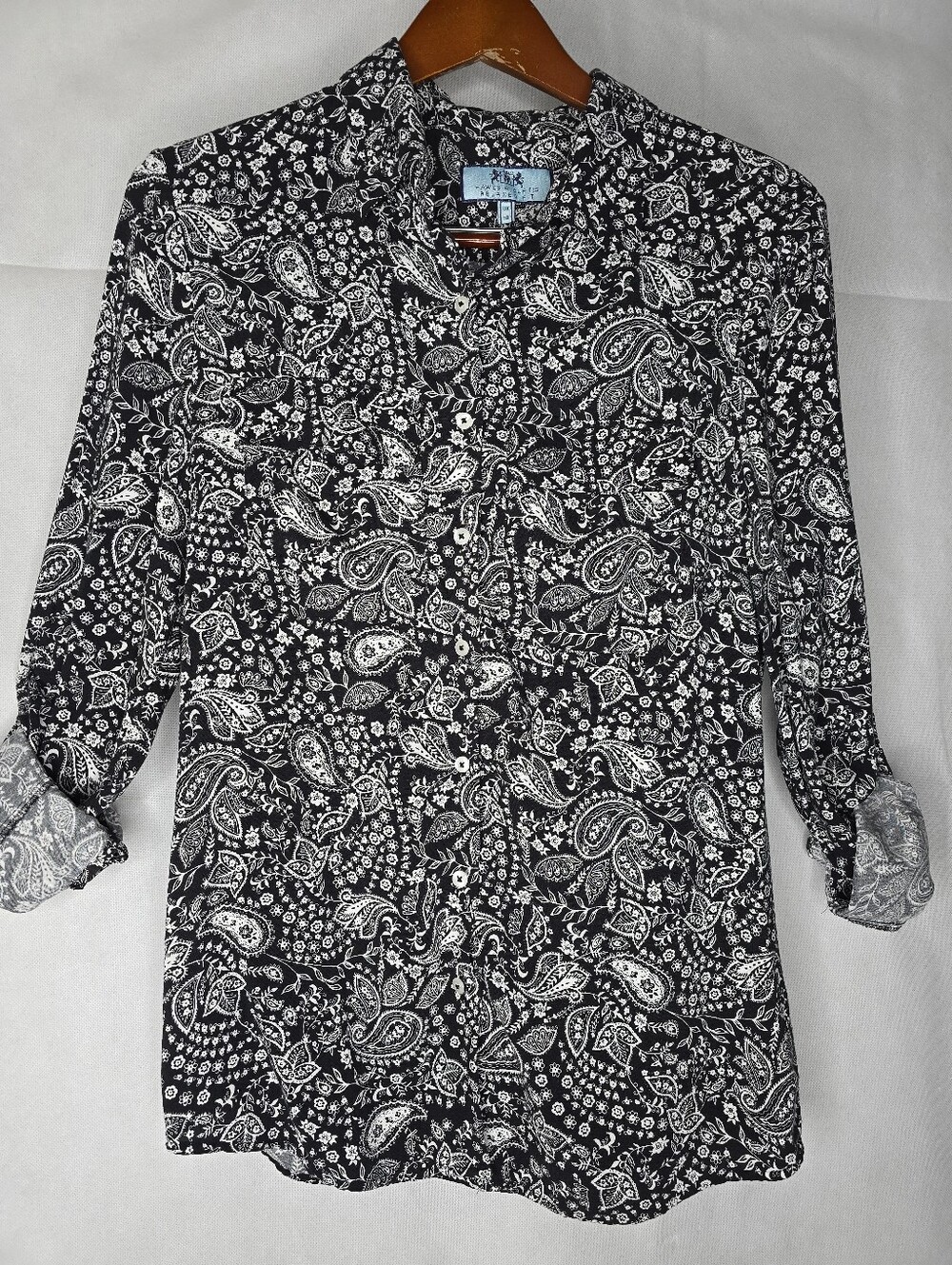 Hawes & Curtis Paisley Top Black White Button Front Shirt Roll Tab Sleeve